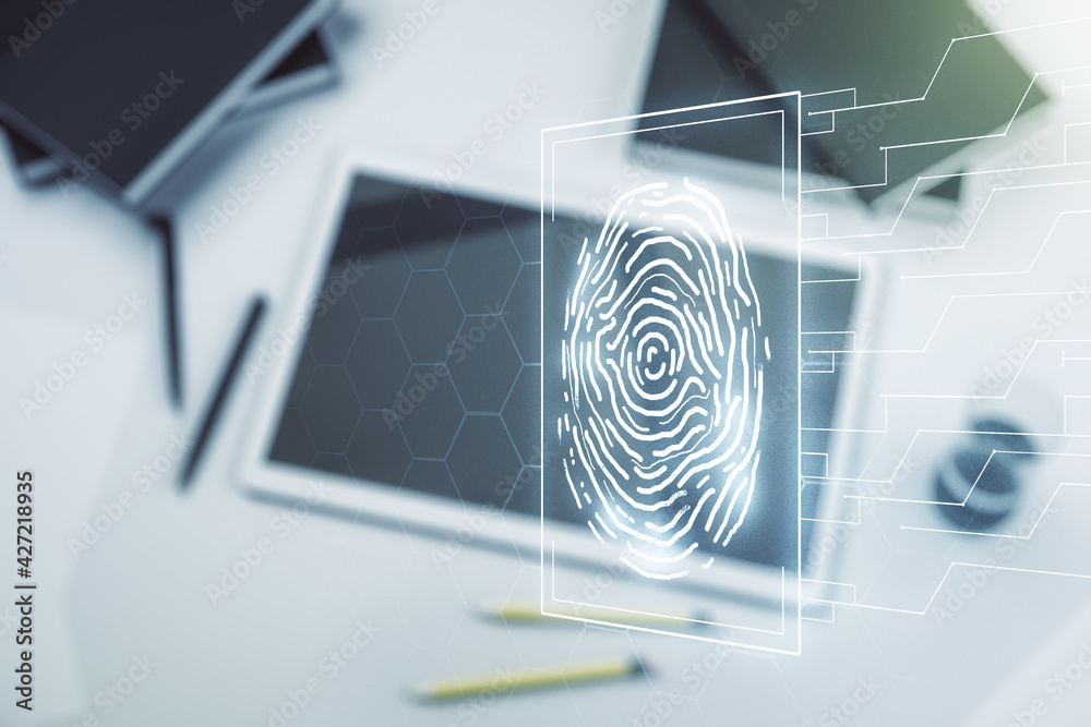 Poster Multi exposure of creative fingerprint hologram and digital tablet on background, top view, personal biometric data concept