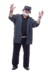 bearded man wearing virtual reality glasses . isolated on a white background.