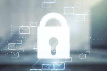Double exposure of abstract virtual creative lock hologram with email symbols on modern business center exterior background. Information security concept