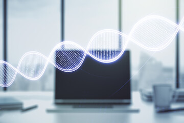 Creative concept with DNA symbol illustration on modern laptop background. Genome research concept....
