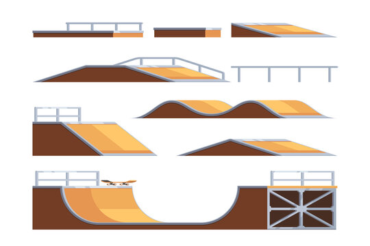 Set of skate park ramps. Construction equipment for the extreme sports area. Vector illustration in flat style isolated on white background