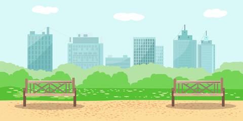 Naklejka premium City park with a path and two benches