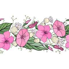 Seamless horizontal pattern with pink flowers and leaves. For the design of websites, postcards, posters, advertising booklets. Vector illustration.