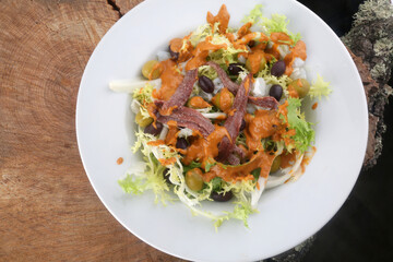 salad with cod anchovies and sauce tipycal from catalonia