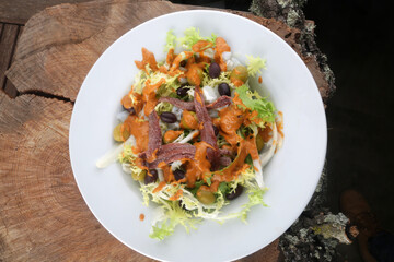 salad with cod anchovies and sauce tipycal from catalonia