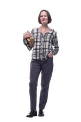 Fototapeta premium confident mature woman with a stack of books. isolated on a white background.