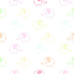 Seamless pattern with elephants, hand-drawn, multicolored, pastel colors. 