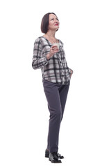 attractive mature woman with takeaway coffee looking at you.