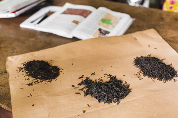 Beautiful close up of the perfectly shaped dry tea leaves. Dry leaf of chinese tea. Aromatic tea on...