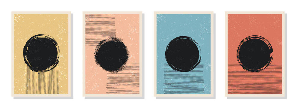 Bundle of A4 minimalist geometrical abstract art composition. Mid century modern illustrations. hand painted illustrations suitable for wall decoration, banners, postcards, brochure cover design. CMYK