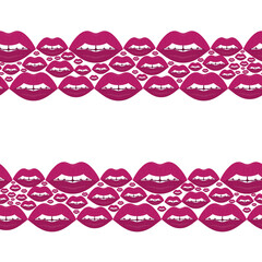 Lips. Kisses. Seductive mouth. Seamless horizontal border. Repeating vector pattern. Endless seductive ornament. Isolated background. Flat style. An even row of teeth with a gap in the middle.