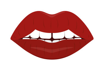 Plump lips. The seductive mouth is slightly open. Colored vector illustration. Flat style. An even row of white teeth with a chink in the middle. Luscious lipstick shade. Isolated white background. 