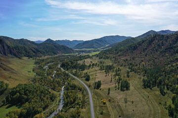 Fototapeta na wymiar summer road top view drone, nature landscape background