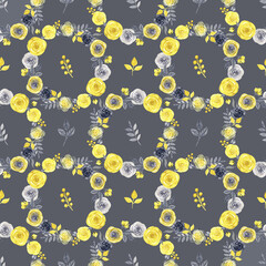 Flowers in Ultimate gray and Illuminating yellow colors. Watercolor seamless pattern