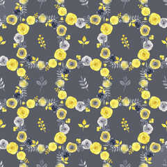 Flowers in Ultimate gray and Illuminating yellow colors. Watercolor seamless pattern