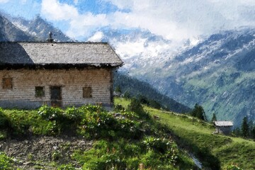 Fototapeta na wymiar Oil painting illustration of traditional houses in Austrian Alps.