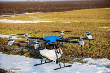 A beautiful blue agrodron stands on the field. Wheat grows. The snow has not melted yet. Agrodrons are ready to spray fertilizer.