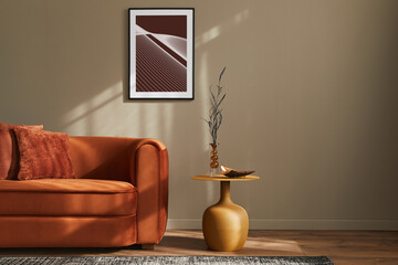 Minimalistic concept of stylish living room interior with design velvet ore sofa, mock up poster...