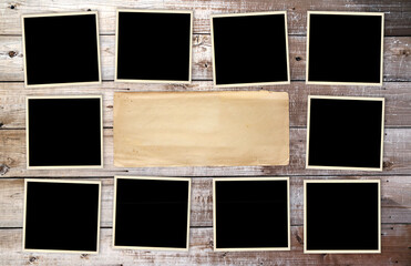 Ten retro photos on old wooden boards