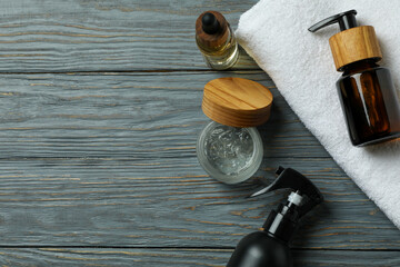 Obraz na płótnie Canvas Concept of men's hygiene tools on wooden table