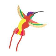 A bright multicolored hummingbird, a bird painted in several colors red green orange . Vector illustration isolated on white background.