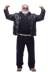 happy bearded man standing with his hands up.