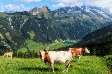 Fototapeta na wymiar Oil painting illustration of Grazing cows on a alpine meadow in austrian Alps.