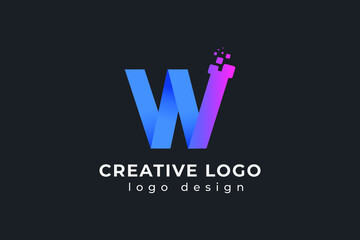 W Letter Design with Creative Dots Bubble and Blue Pink Colors Vector Illustration.