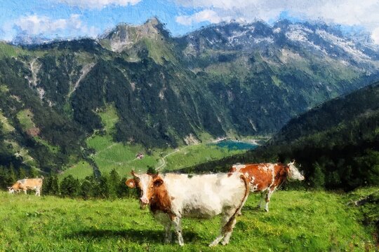 Oil painting illustration of  Grazing cows on a alpine meadow in austrian Alps.