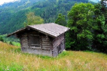 Obraz premium Oil painting illustration of traditional houses in Austrian Alps.