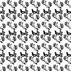 Black-white bird pattern with flowers.  Seamless pattern with butterflies .