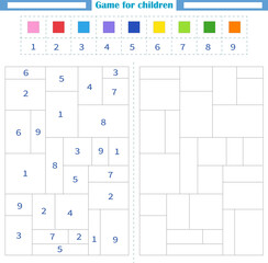  Worksheet for children. Color the empty shapes by number and color. Development of attention