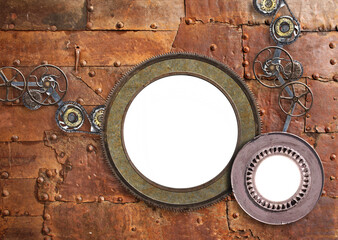 Metallic frame with vintage machine gears and cogwheel