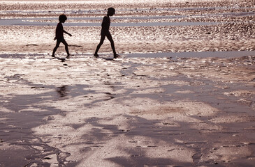 Fototapeta na wymiar silhouette d'enfants sur une plage à marée basse le long de l'océan