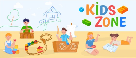 Obraz na płótnie Canvas Kids zone, play colorful, childhood party, kindergarten playground, happy leisure child, design, cartoon style vector illustration