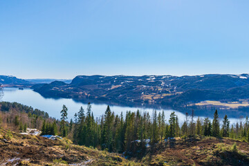 Lake Tyrifjorden located in Buskerud, Norway. View from Berntsegård bus stop near the village of...