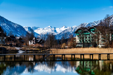 Idyllic View on Altausseer Lake with Dachstein Mountains in the Back