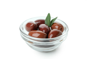 Bowl of red olives isolated on white background