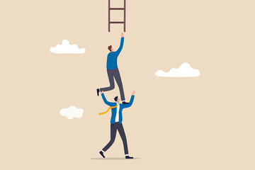 Support or mentor to achieve business success, teamwork collaboration or partnership help to reach target concept, businessman coworker support his colleague reaching to climb ladder of success. - obrazy, fototapety, plakaty