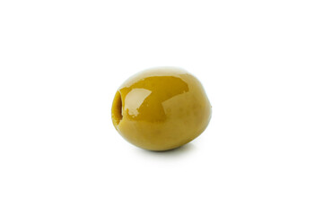 Tasty green olive isolated on white background