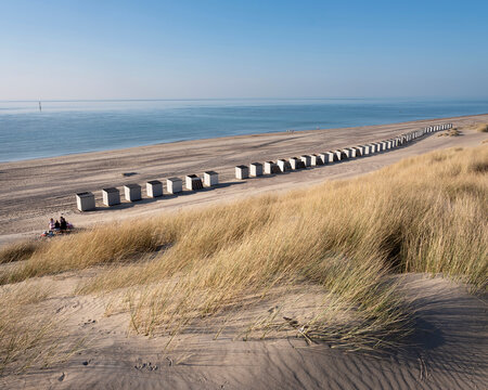 dunes and almost deserted beach on dutch coast near renesse in zeeland under blue sky