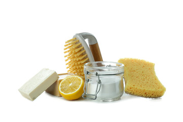 Group of cleaning tools isolated on white background