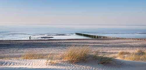 lonely figure strolls along beach of north sea in dutch province of Zeeland under blue sky in spring