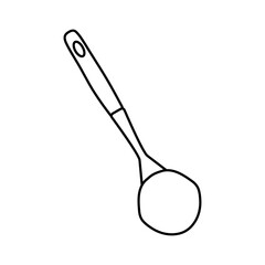 Kitchen ladle doodle. Household equipment hand drawing. Metallic Kitchen Accessory Ladle. Kitchen interier. Isolated object on white background. Vector illustration.