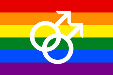 Regenbogenfahne mit dem doppelten Männlichkeit Symbol. Konzept Gleichberechtigung und Gender