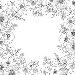 Black and white floral frame. Hand drawn wild flowers, sketch style.