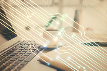 Double exposure of technology theme drawing and desktop with coffee and items on table background. Concept of data research.
