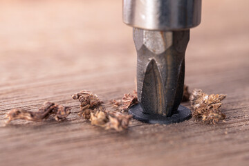 Screwdriver screw in a wood oaks plank. Self-tapping screw for PH2 bit. Screws macro photo. Construction abstraction. Industrial background.