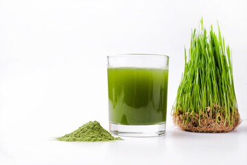 Green Barley Sprout grass and bowl of green detox powder isolated on white. Copyspace.