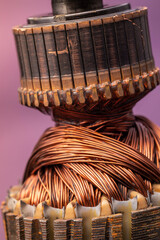 Copper commutator bar of the electric motor close up. Electric motor rotor.